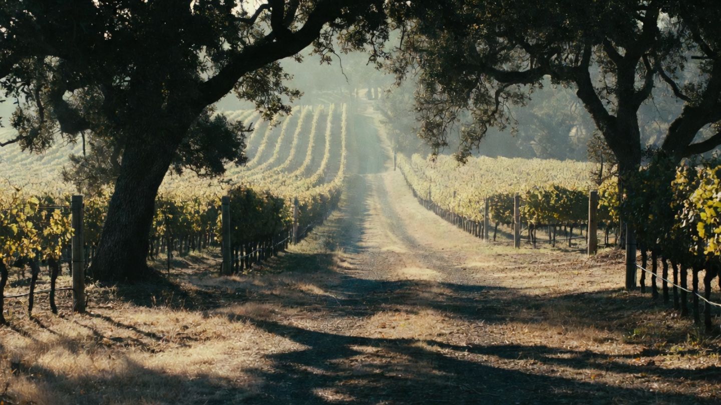 Quiet vineyard road near Silverado Trail in Napa Valley, lined with vines and oak trees under gentle afternoon light.