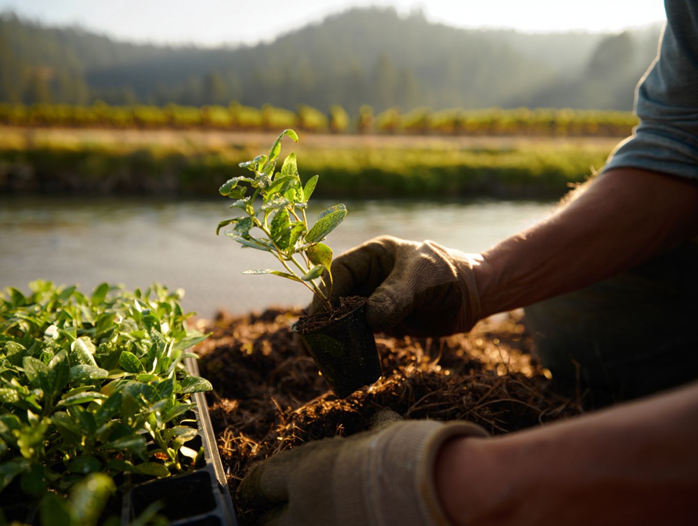 Volunteers planting native species along the Napa River on a foggy morning with vineyard hills in the background in Napa Valley California.