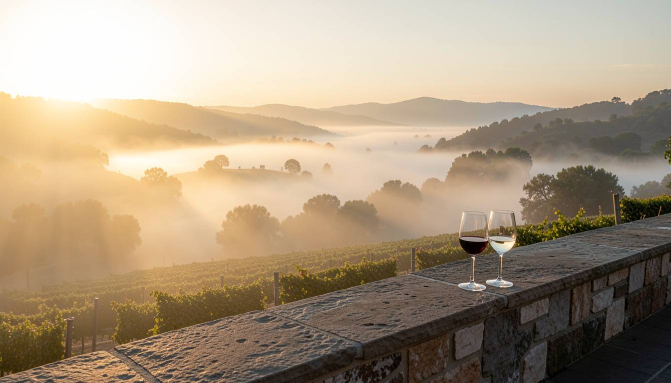 Morning fog lifting over Napa Valley vineyards with two wine glasses on a stone terrace, symbolizing a quiet and intimate vow renewal moment.