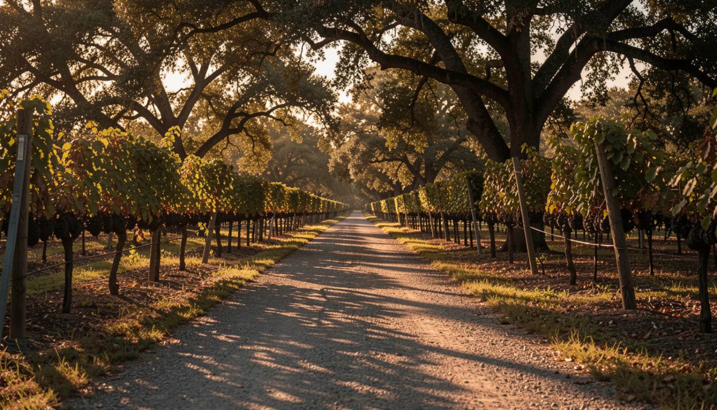 Quiet walking path through vineyards in Napa Valley during golden hour, highlighting the calm environment used for walking meditation and wellness retreats.
