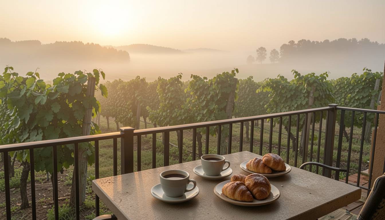 Morning coffee and pastries on a Napa Valley patio overlooking vineyards, capturing a relaxed farewell moment during a small wedding weekend.