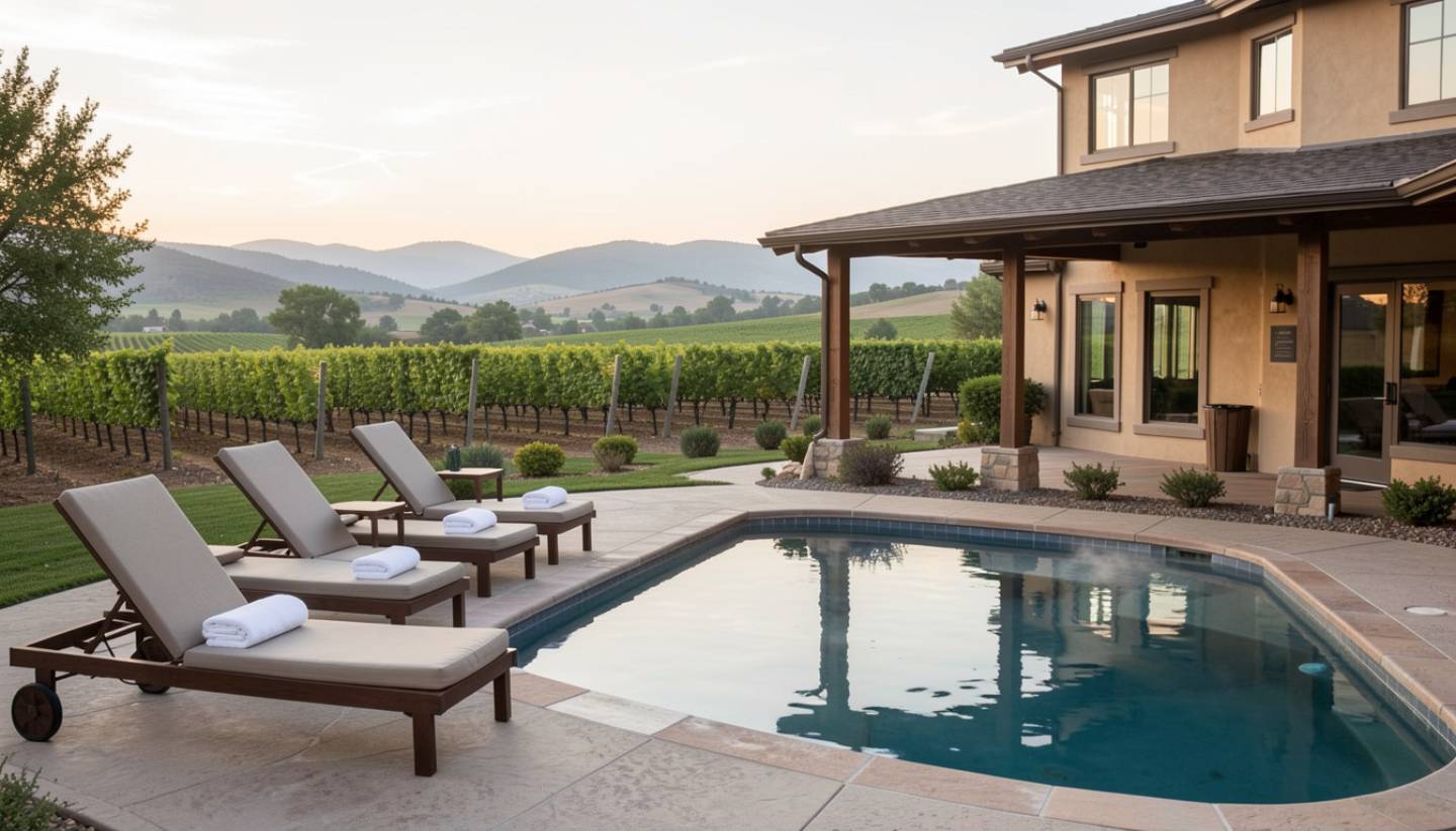 Peaceful courtyard at a Napa Valley wellness hotel with mineral soaking pool, lounge chairs, and vineyard views in soft morning light.