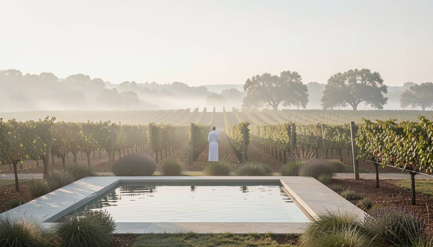 A peaceful Napa Valley spa setting in the early morning with vineyard rows and oak trees in the background, soft fog lifting over the landscape, and a quiet outdoor soaking area designed for relaxation and wellness travelers from Marin County.