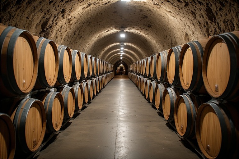 Rows of French oak barrels aging Cabernet Sauvignon inside a Napa Valley wine cave, showing traditional barrel aging environment with controlled light and temperature.