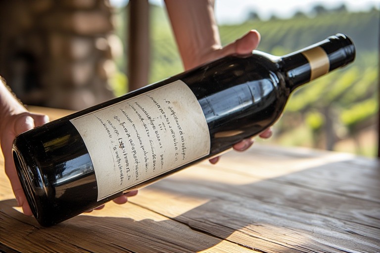 Close view of a Napa Valley wine bottle showing label texture, typography, and packaging design on a wooden table with vineyard elements softly blurred in the background.