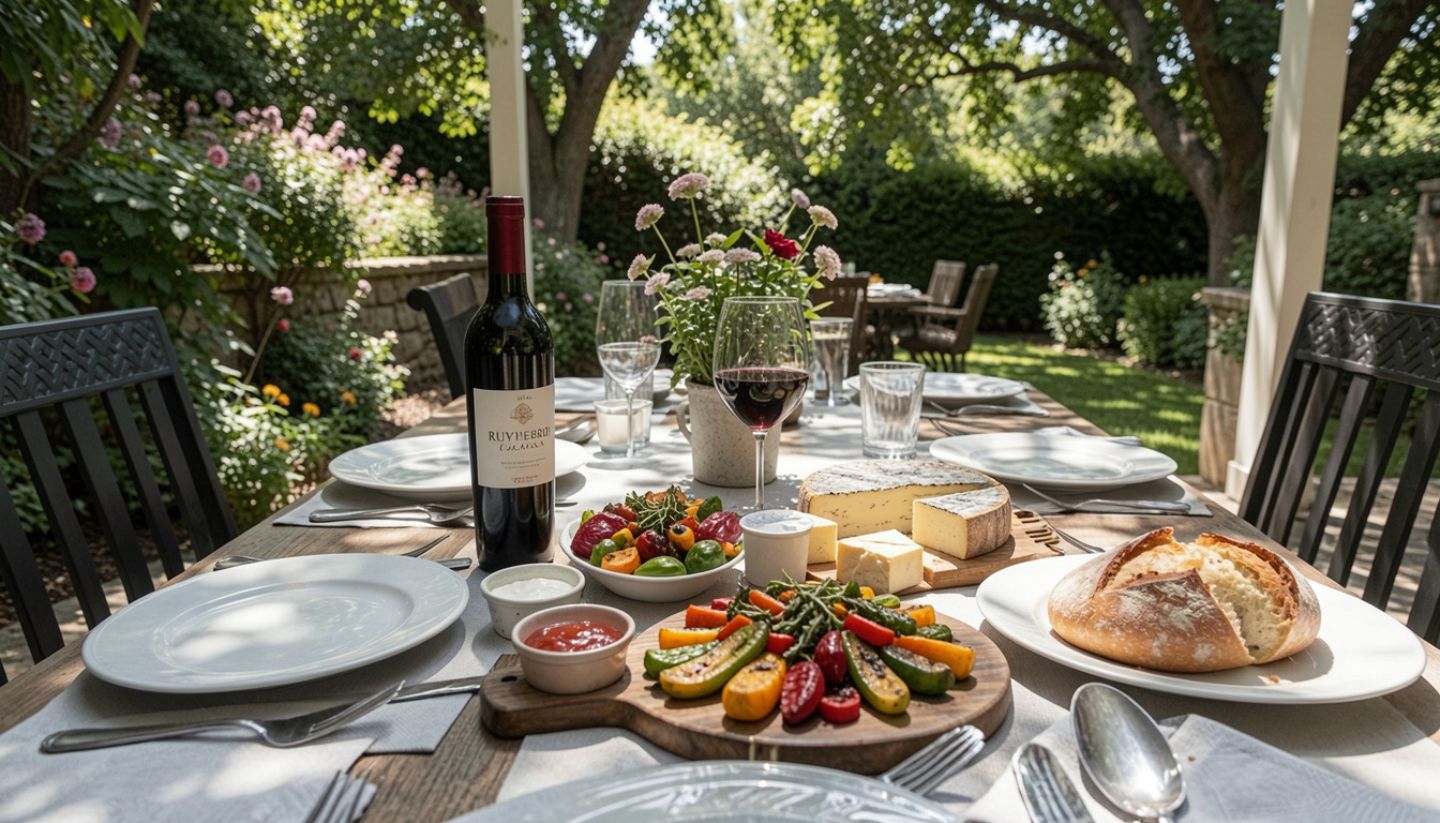 Long wooden patio table in Rutherford Napa Valley with Cabernet Sauvignon, roasted vegetables, aged cheese, and crusty bread overlooking vineyard rows in afternoon light, illustrating intuitive wine and food pairing