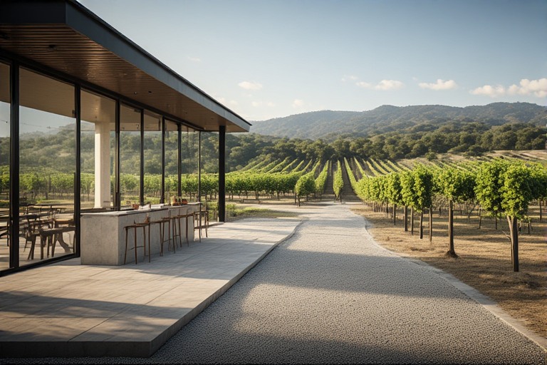 Gravel pathway leading from vineyard rows to a modern Napa Valley tasting pavilion with mountain views, illustrating indoor outdoor architectural design connected to agriculture.