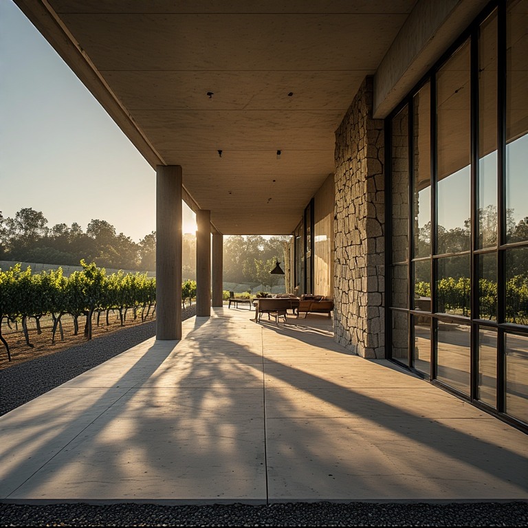 Modern Napa Valley winery architecture featuring concrete, stone, and glass overlooking vineyard rows at sunrise, showing how wine country design integrates with landscape and natural light.