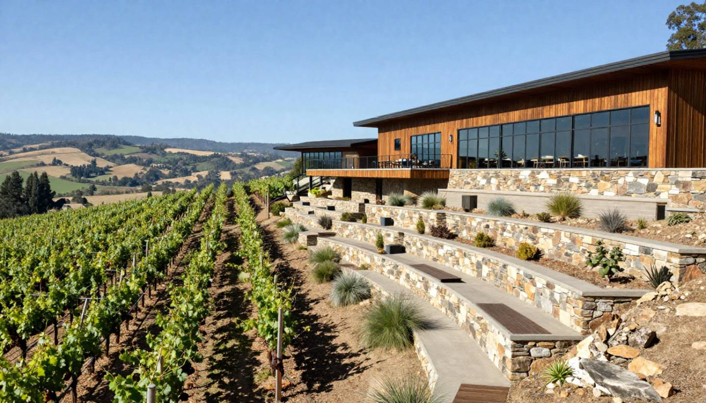 Modern Napa Valley winery integrated into a hillside with stone and concrete architecture surrounded by vineyard rows under soft morning light.