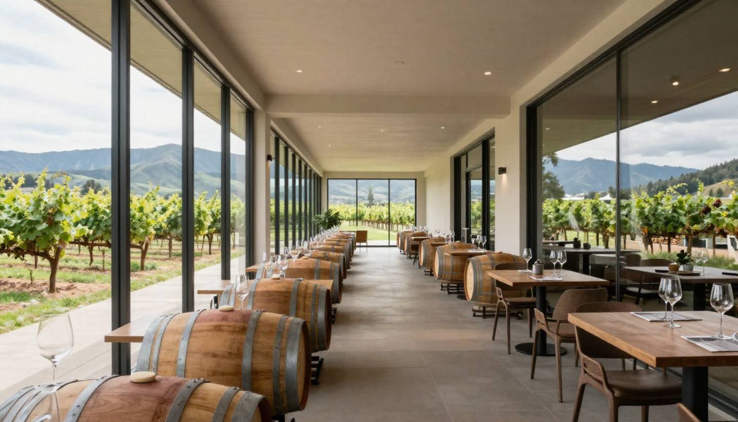 Interior of a Napa Valley winery with large glass walls opening to vineyard and mountain views, emphasizing natural light and minimalist design.