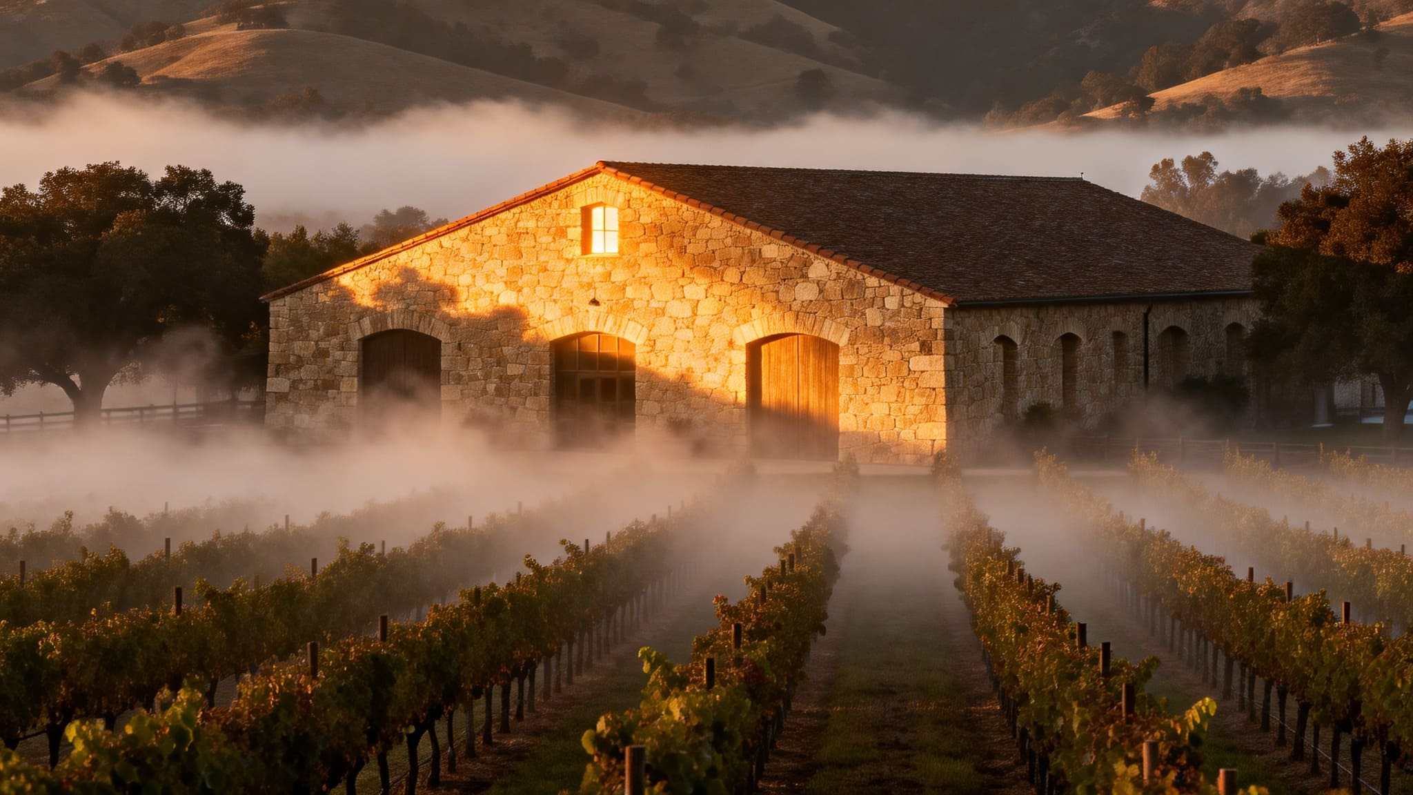 Stone winery in Napa Valley’s Rutherford benchlands with morning fog lifting over vineyards, showing landscape integrated winery architecture designed to sit quietly within the land.