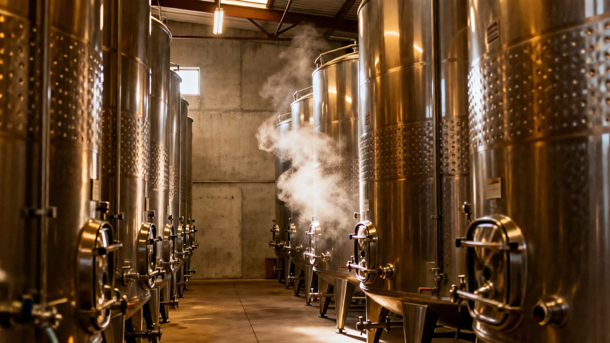 Interior of a working Napa Valley winery cellar during harvest with stainless steel fermentation tanks and soft morning light, showing hands on winemaking and cellar operations.