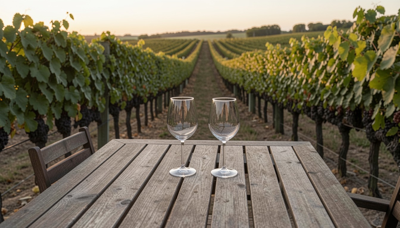 Peaceful winery terrace in Napa Valley with vineyard views and soft afternoon light, ideal for slow tastings and reflection.