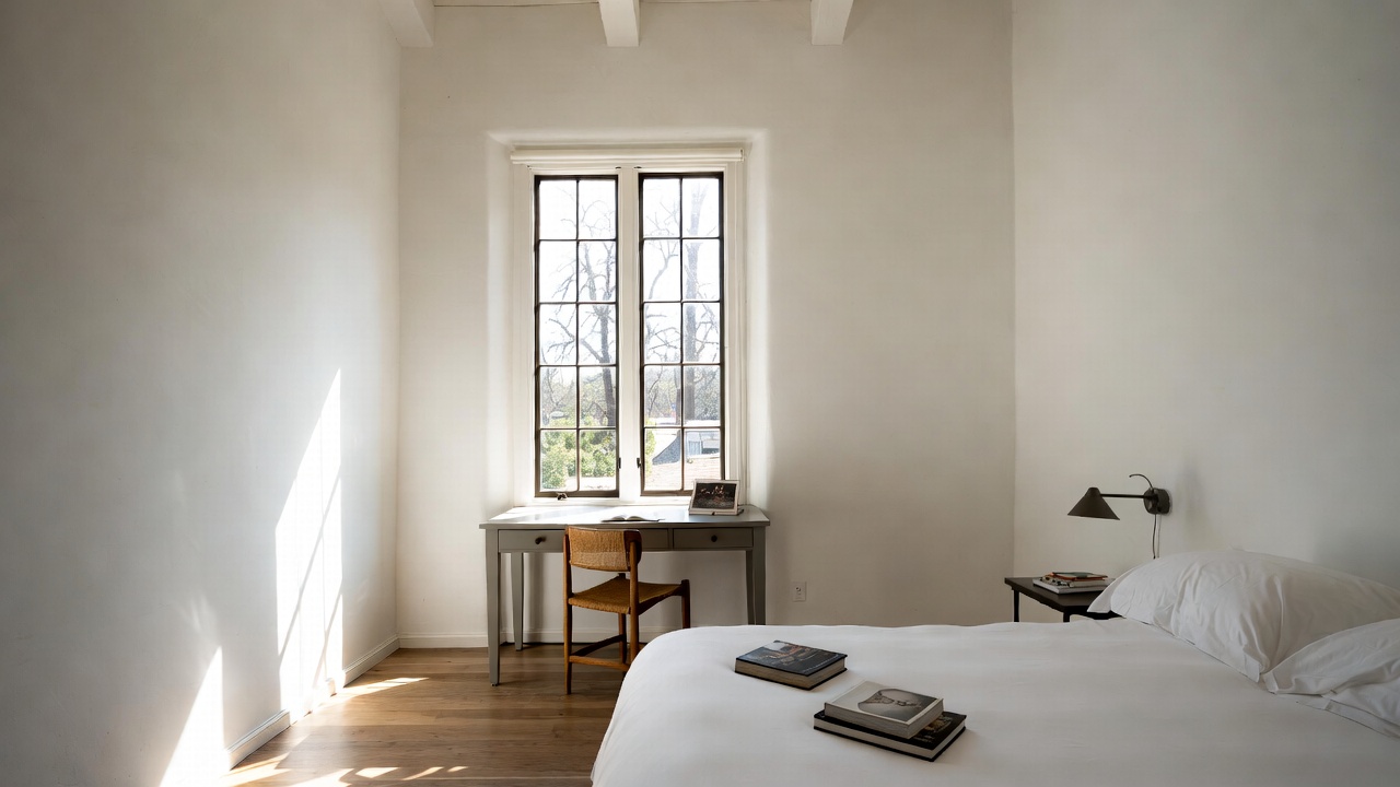 Quiet Napa Valley hotel room with natural light and a simple desk near a window, designed for focused writing and reflection.

