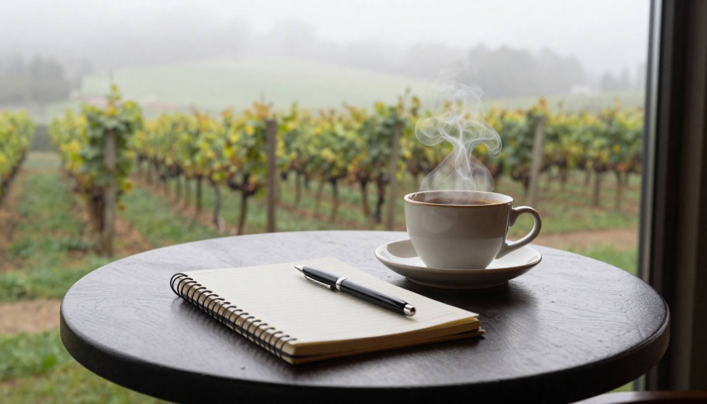 Outdoor cafe table in Yountville Napa Valley with a notebook and coffee during early morning fog, creating a quiet writing retreat atmosphere.