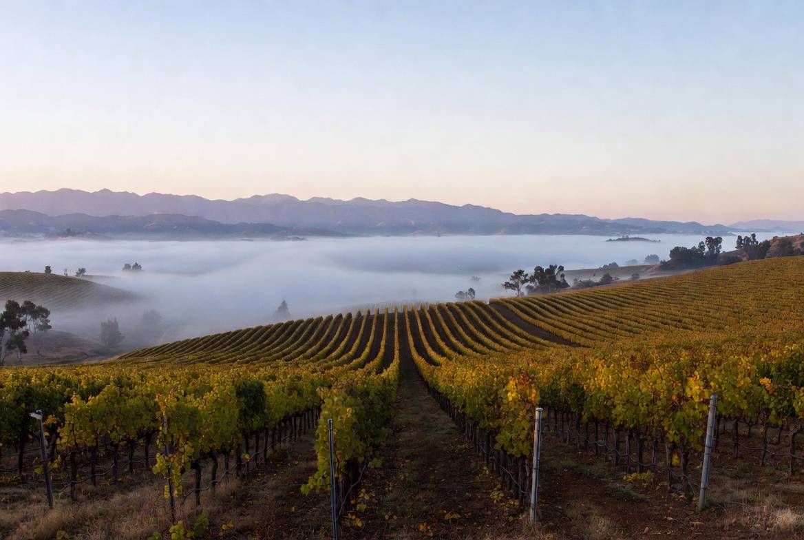 Morning fog lifting over vineyard rows in Napa Valley near Rutherford, creating a calm and familiar scene for couples returning each year.