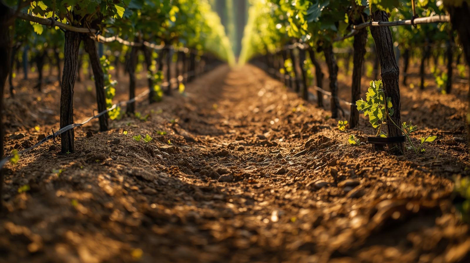 Drip irrigation lines running along vineyard rows in Rutherford Napa Valley during early morning light, showing soil texture and sustainable water management practices.