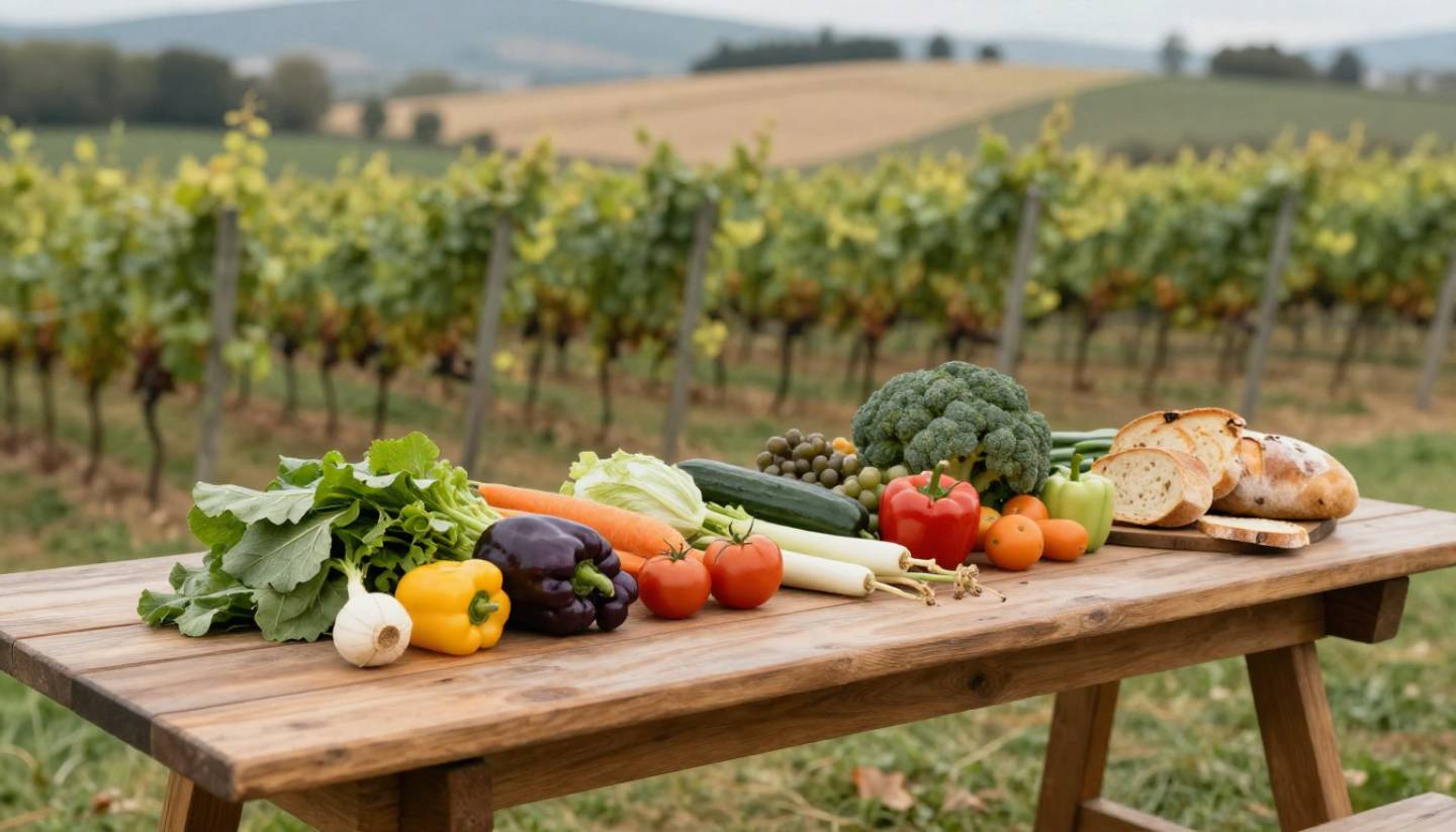 Local produce from a Napa farmers market arranged at a vineyard edge along Silverado Trail, showing the connection between food, land, and place in Napa Valley.