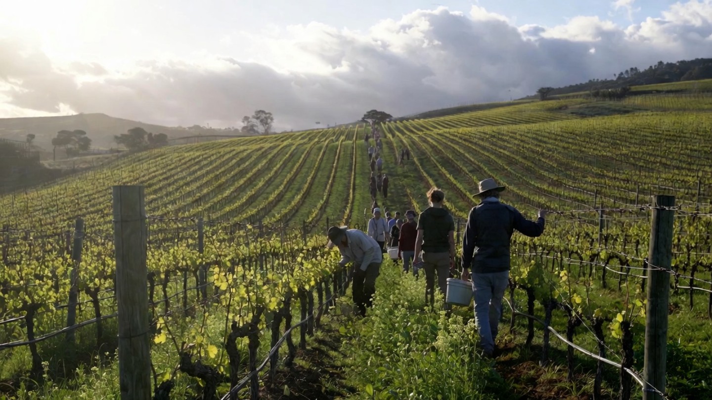  Volunteers participating in a vineyard stewardship program in Napa Valley, helping care for the land through sustainable farming practices.