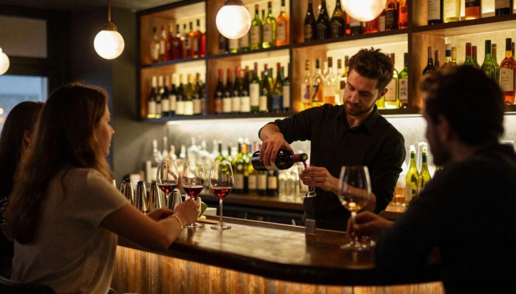 Late night wine bar in Napa Valley with guests talking at the bar as wine is poured in a softly lit setting.