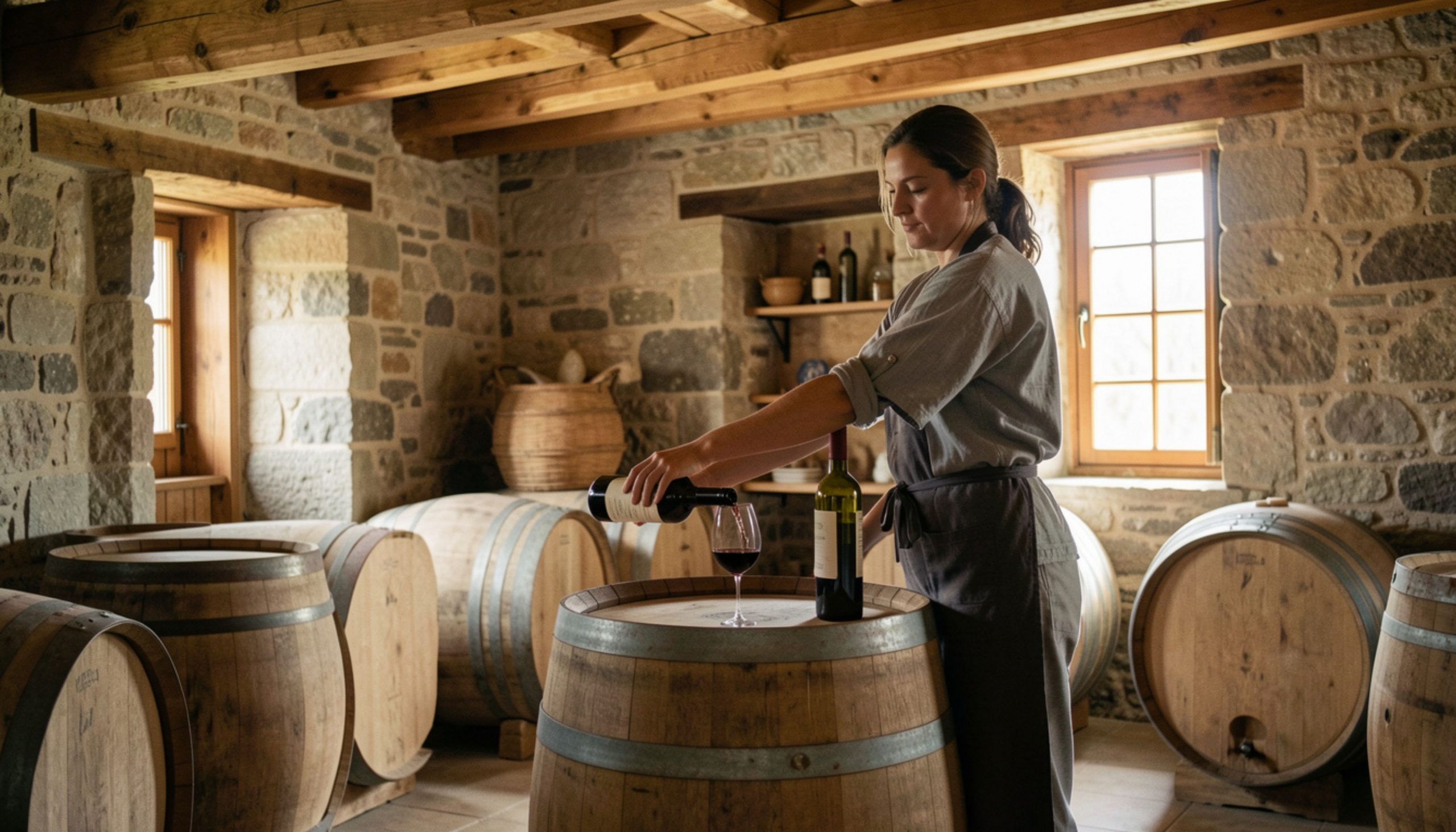 Winemaker leading a barrel tasting inside a Napa Valley wine cellar, explaining structure and aging during an educational wine experience.