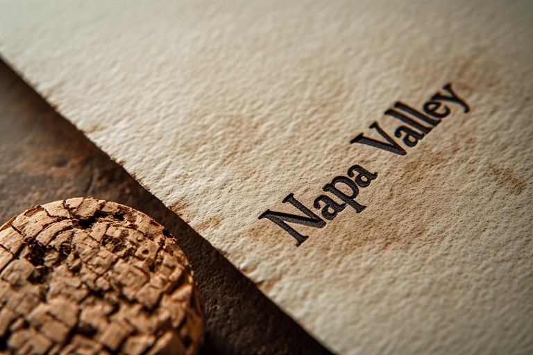 Detailed view of Napa Valley wine packaging showing label paper texture, capsule finish, and cork details that reflect brand design choices