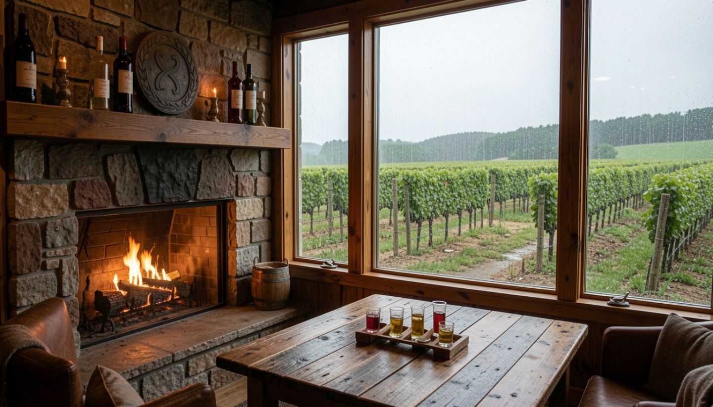 Cozy Napa Valley winery tasting room with fireplace and rain visible through windows overlooking vineyards during winter.