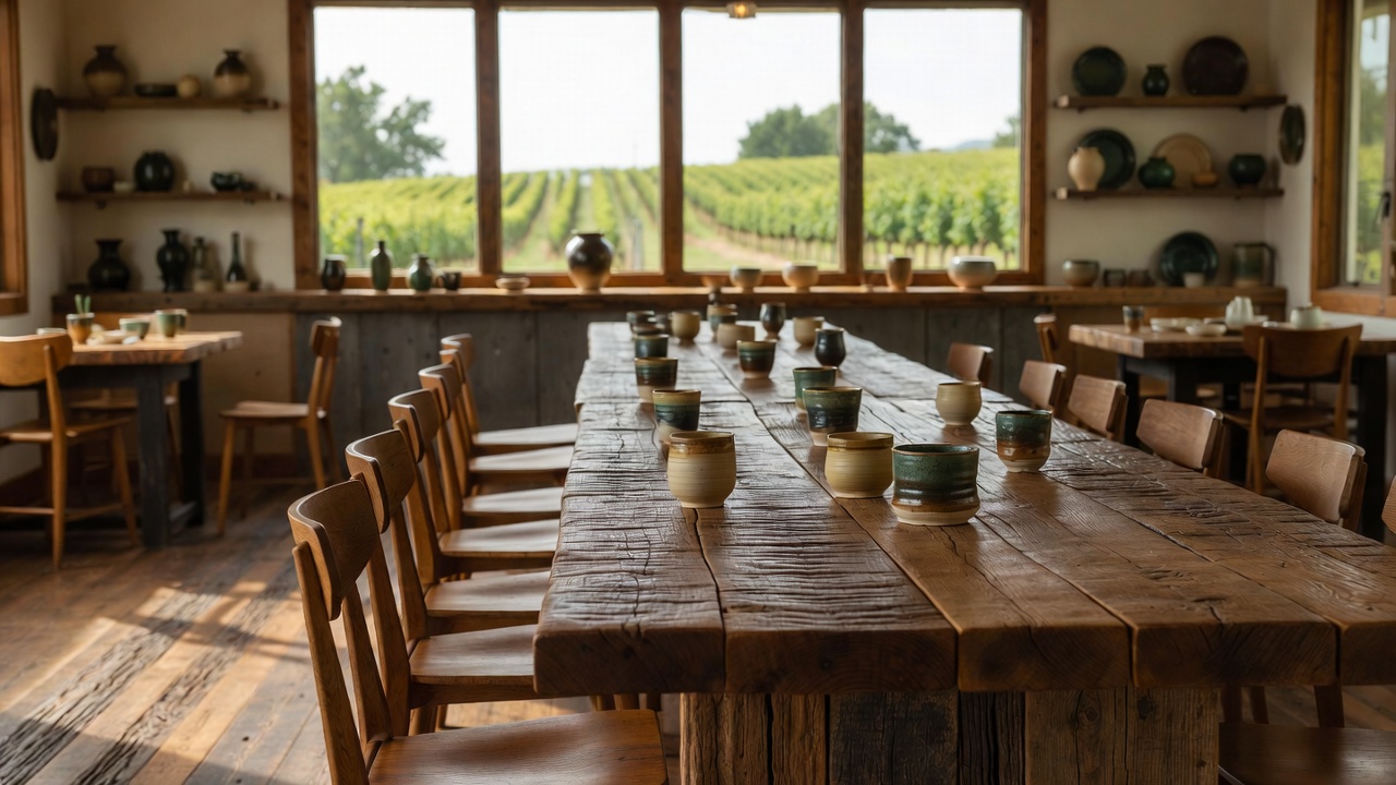  A Napa Valley winery tasting space featuring locally made wooden furniture and handmade ceramic wine cups, highlighting the connection between wine, design, and artisan craftsmanship.

