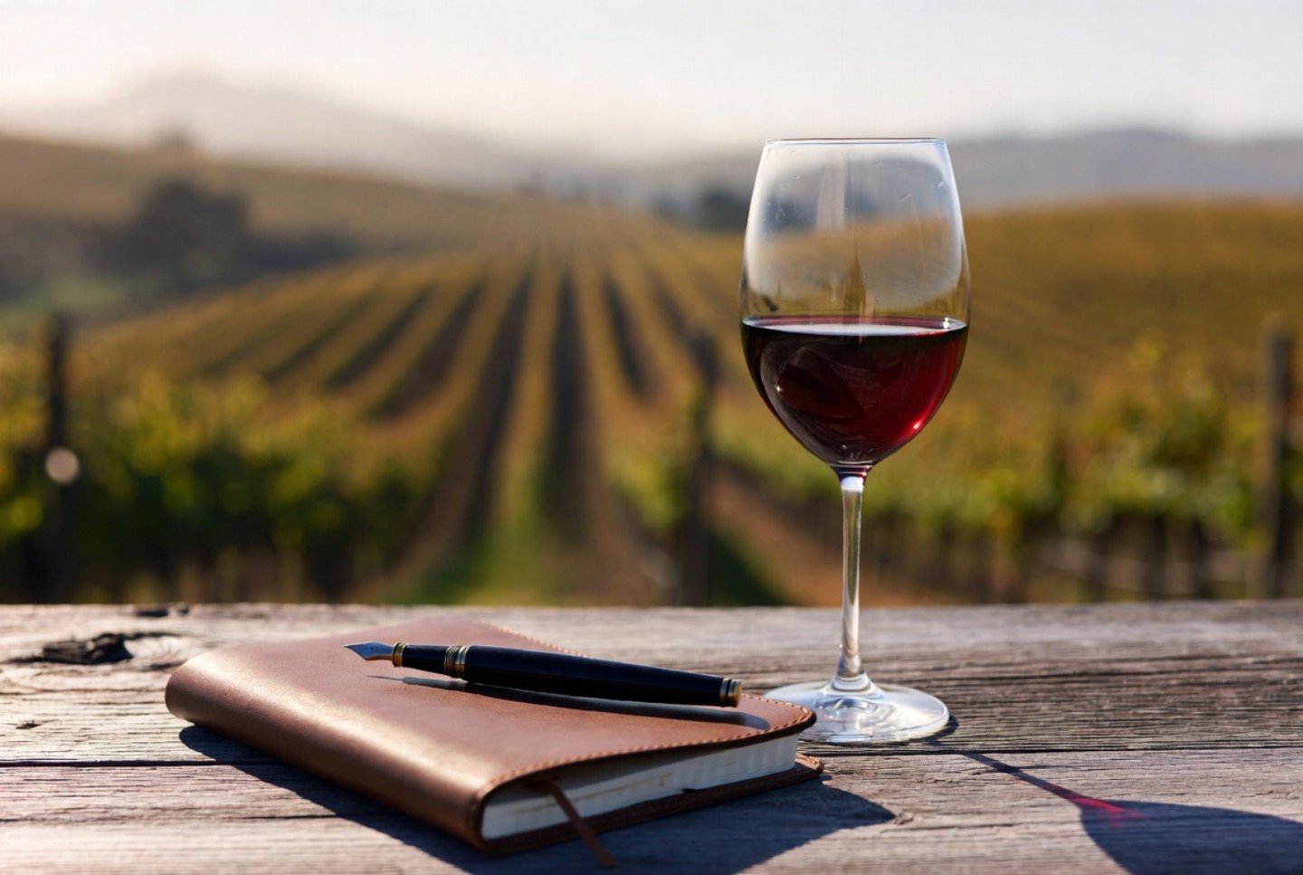 A notebook and pen next to a glass of wine at a Napa Valley winery, representing a creative workspace and professional reinvention.