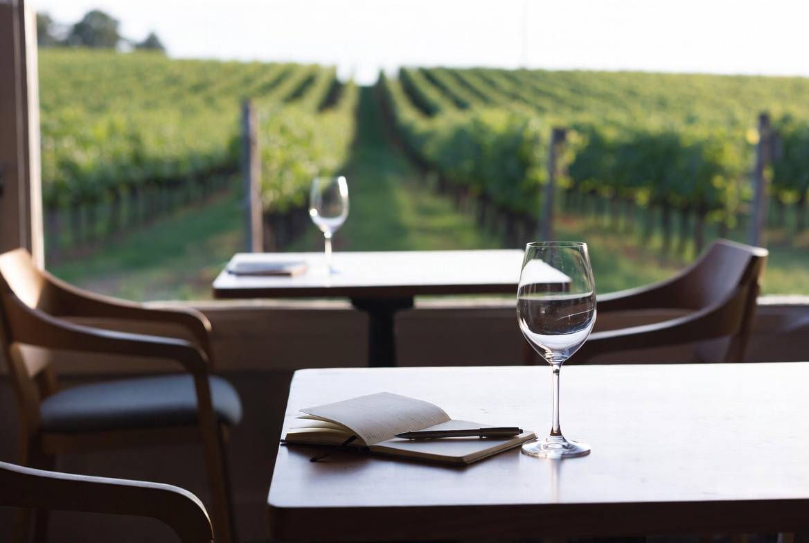 Notebook and pen beside a wine glass at a seated tasting in Napa Valley, showing a reflective travel experience focused on journaling and observation.
