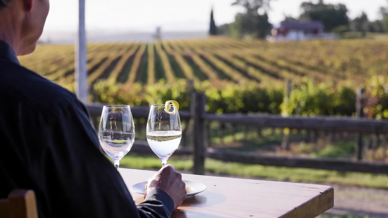 Guest seated at a Napa Valley vineyard estate enjoying a zero proof botanical pairing in wine stemware with vineyard rows and late afternoon light in the background.