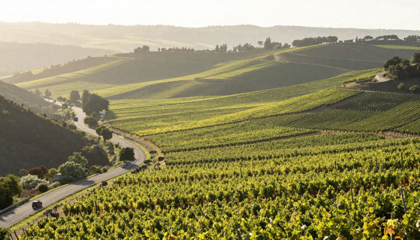 Elevated overlook above Oakville in Napa Valley showing vineyard blocks and the valley floor from a quiet roadside pullout.