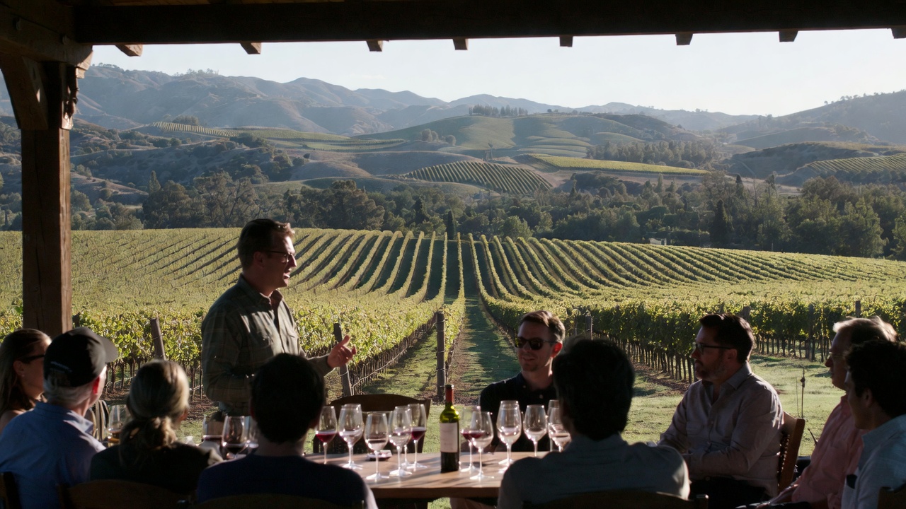 Guests seated at an Oakville estate tasting overlooking the Rutherford benchlands in Napa Valley while a host leads a guided wine experience.
