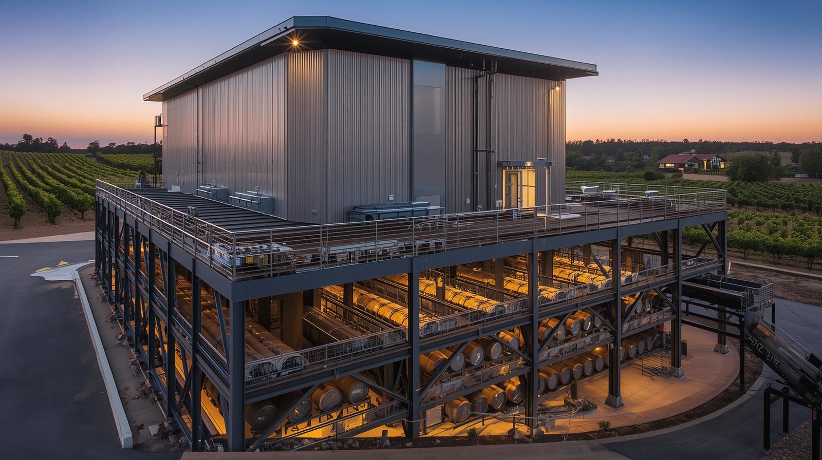 Multi-level gravity flow winery in Oakville Napa Valley showing crush pad, fermentation tanks, and barrel storage, illustrating winery construction and vineyard engineering design.
