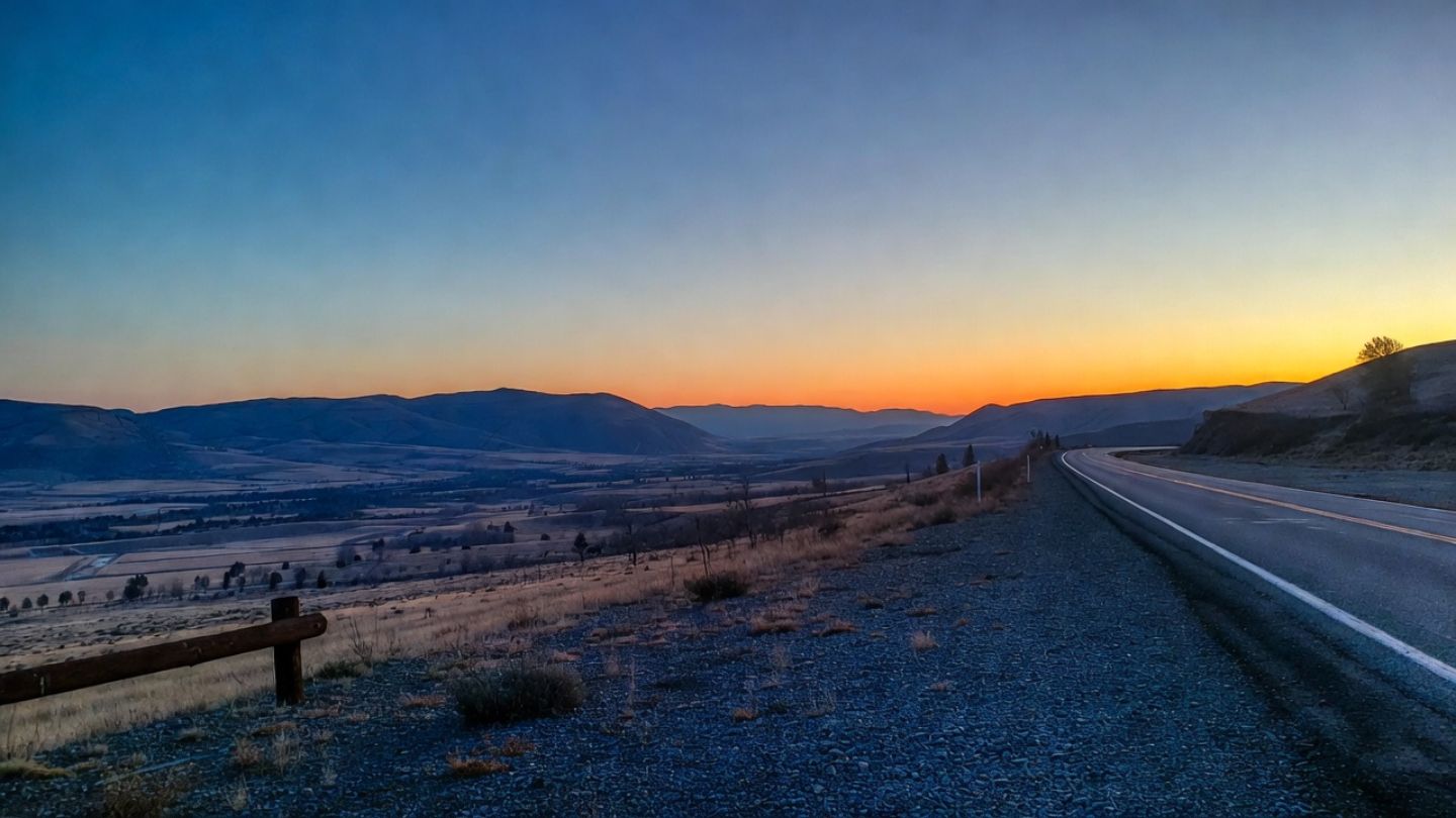 Sunset view from a quiet overlook near Oakville in Napa Valley, showing vineyard rows, rolling hills, and fading evening light across the valley floor.