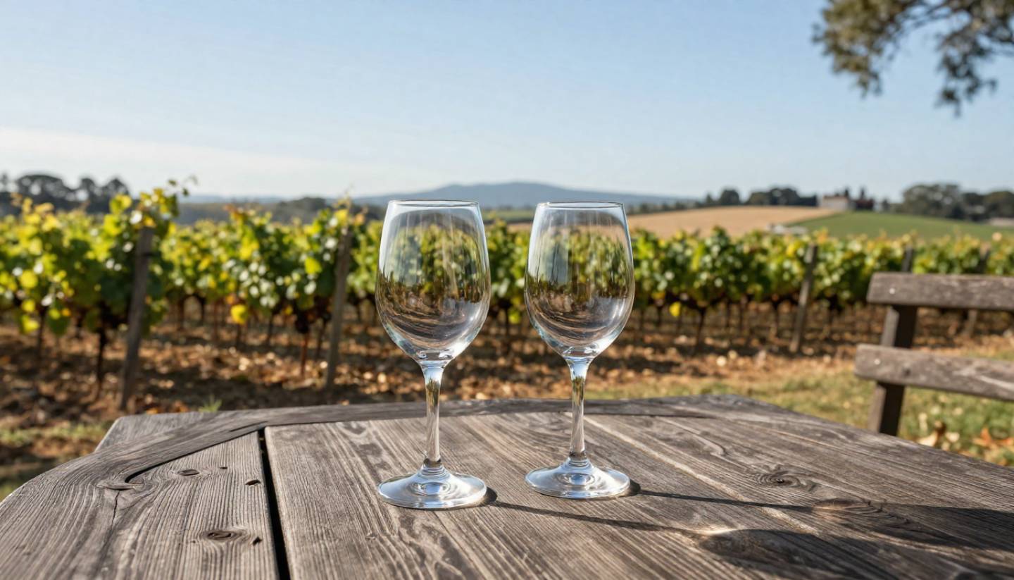 Seated winery tasting in Oakville Napa Valley with two glasses of Cabernet overlooking vineyard rows in the afternoon light.