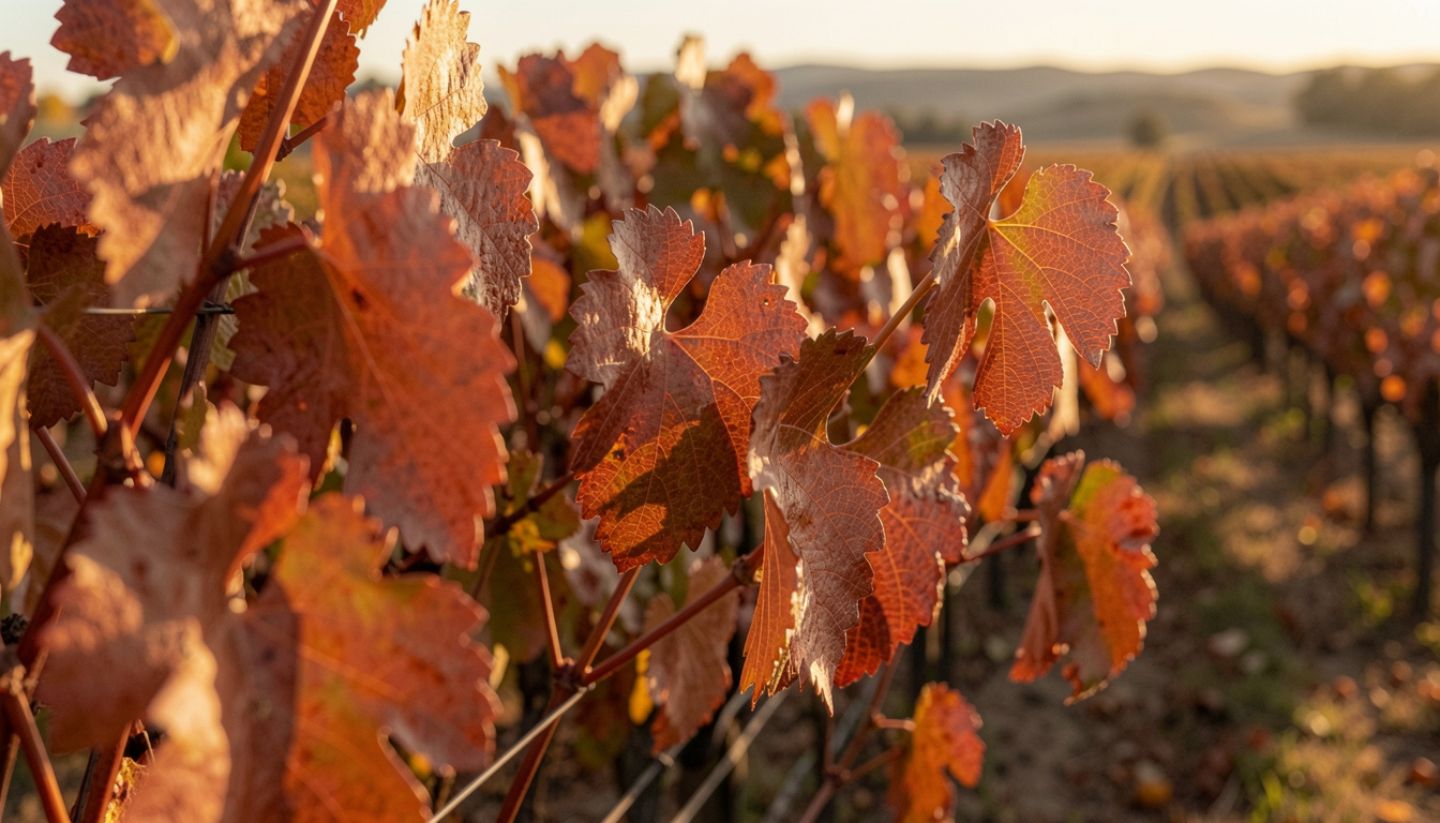 Copper and golden vineyard leaves in Oakville Napa Valley during fall with warm sunset light across the vines.