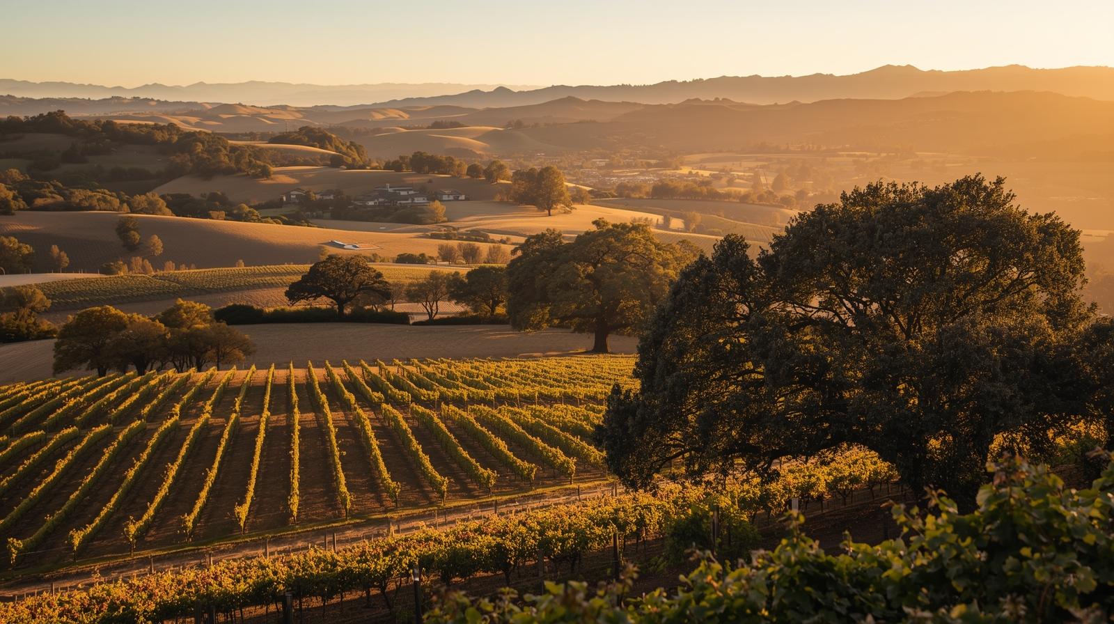 Hillside view overlooking vineyard blocks in Oakville Napa Valley at sunset, representing long-term land stewardship and impact investing in Napa wine country.