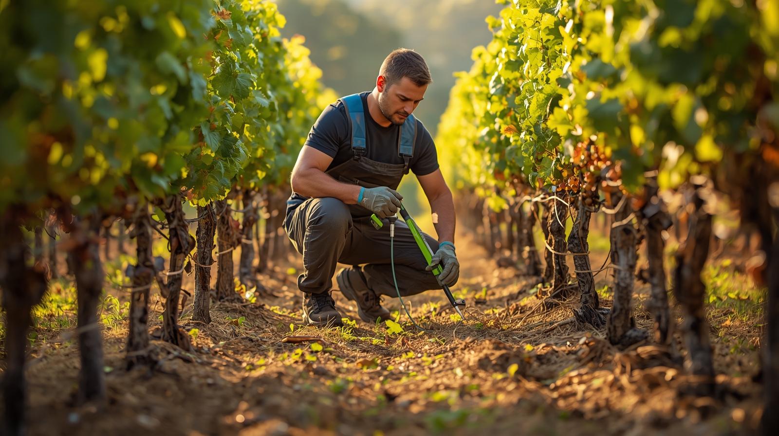 Vineyard manager in Oakville Napa Valley checking soil moisture probe and drip irrigation emitters during summer growing season.
