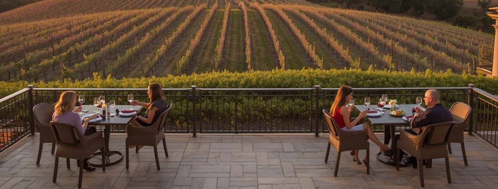 Vineyard-facing tasting terrace in Oakville Napa Valley at sunset, showing stone winery architecture and aligned vineyard rows that illustrate place-based winery branding.
