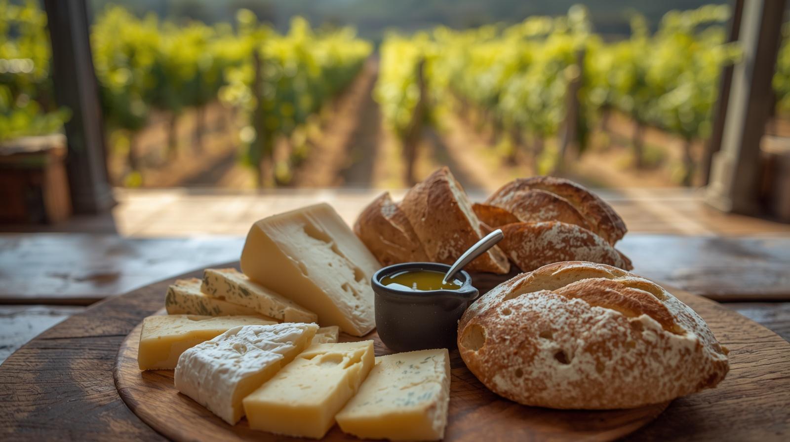 Locally sourced cheese, bread, and olive oil served at a winery tasting in Oakville, Napa Valley, demonstrating artisan food distribution within wine country.
