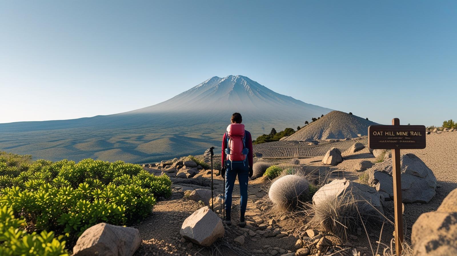 Hiker standing near a trail sign on Oat Hill Mine Trail in Calistoga Napa Valley with Mt St Helena visible ahead along the volcanic hillside.
