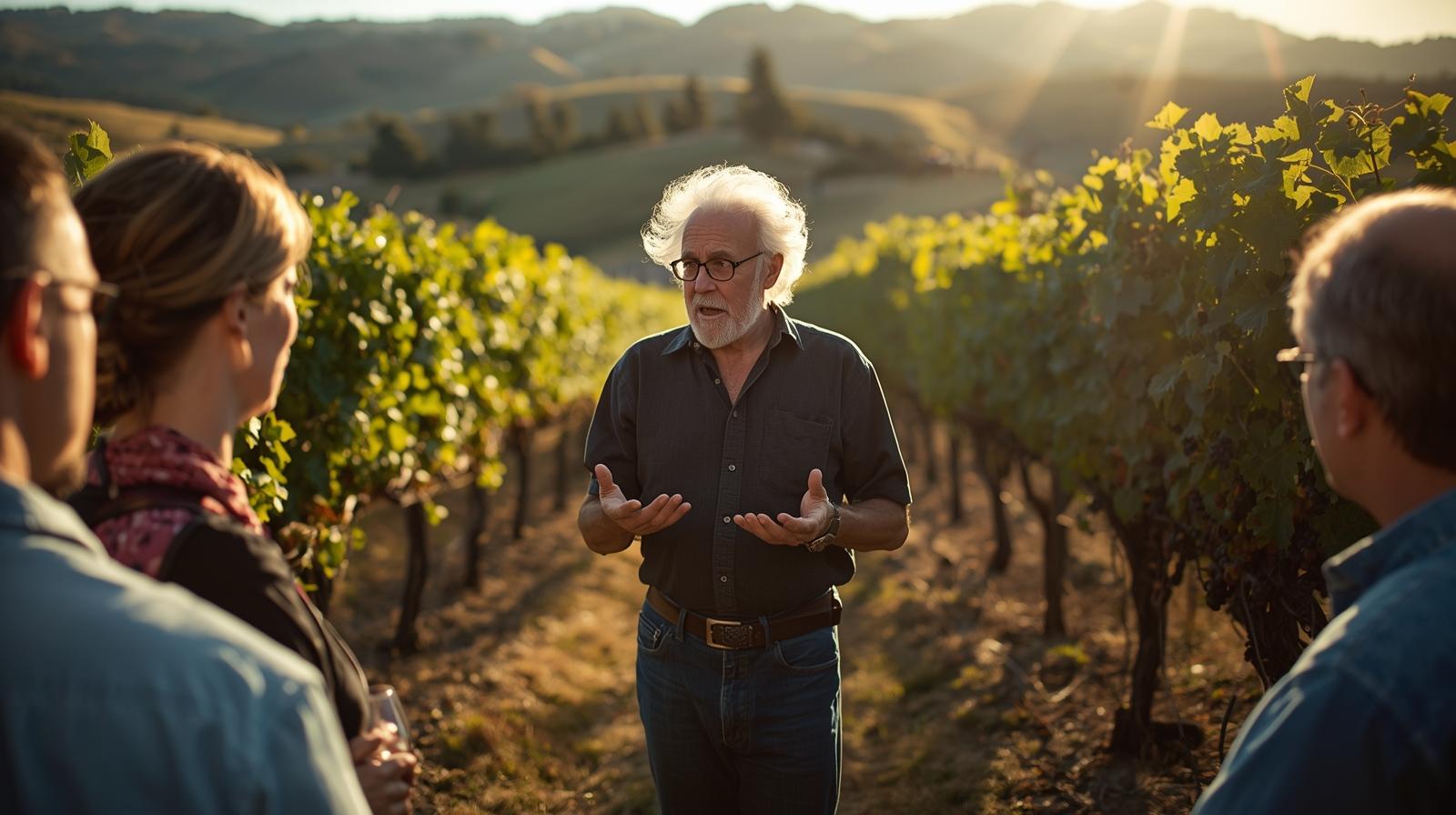 Older Napa Valley winemaker sharing vineyard history with a small group during an outdoor tasting in St. Helena with vineyard rows and hills in the background.