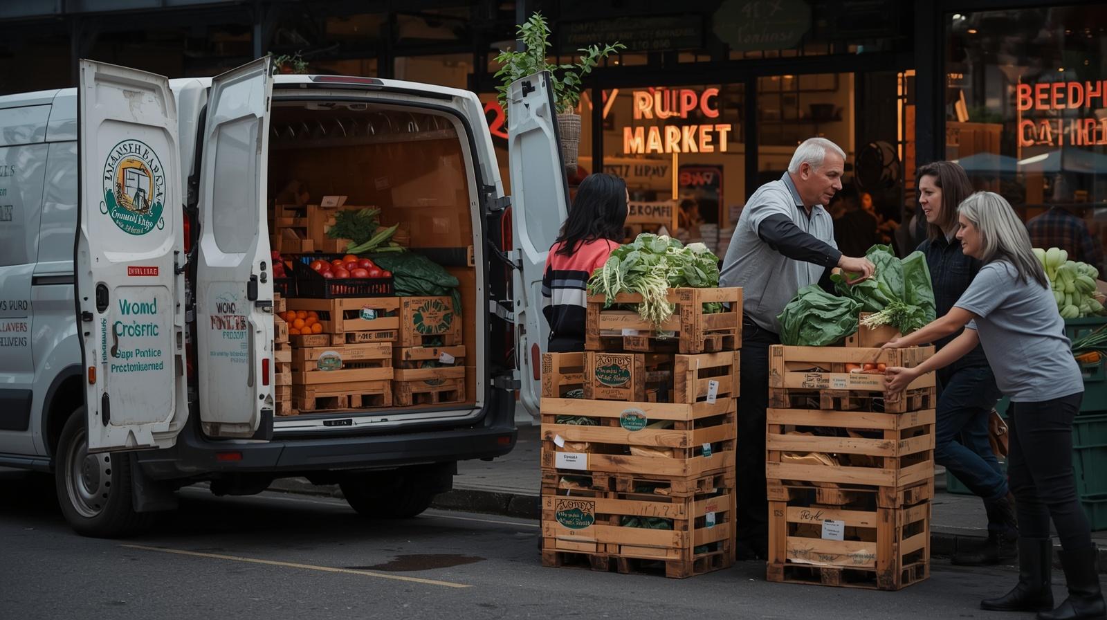 Early morning produce delivery at Oxbow Public Market in downtown Napa Valley, showing artisan food distribution from local farms to market vendors.