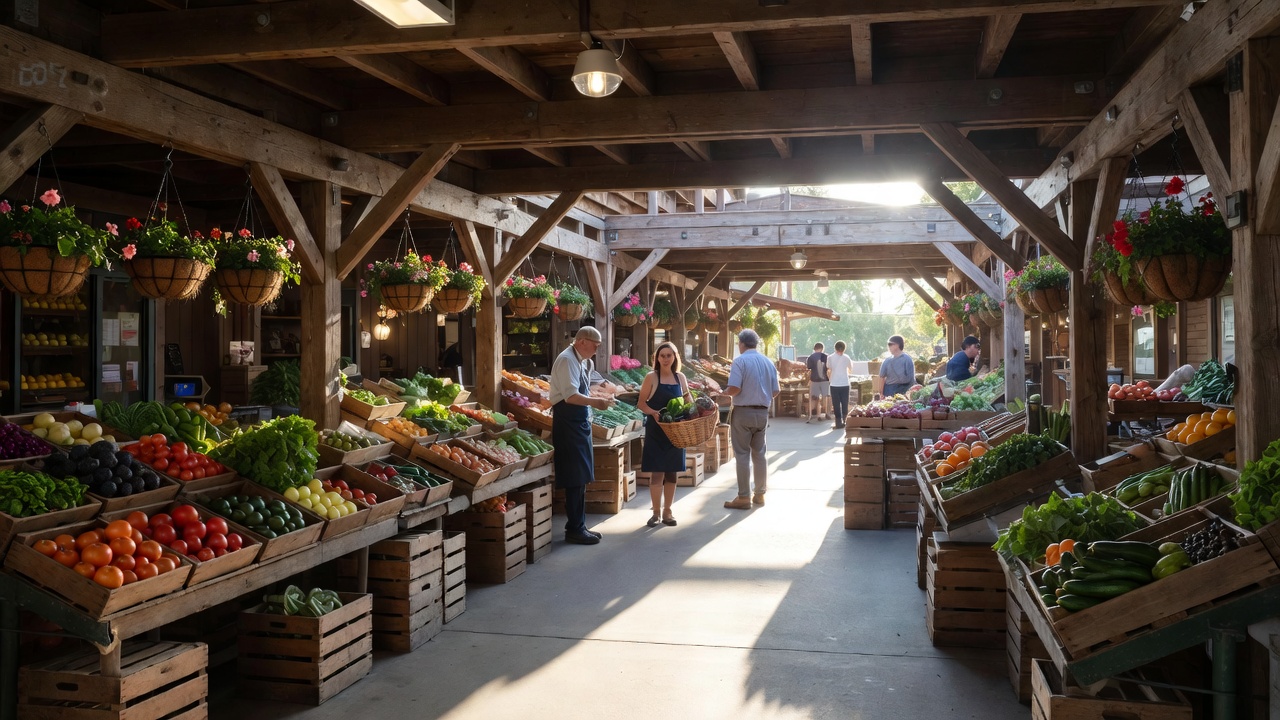  Local farmers and vendors at Oxbow Public Market in Napa Valley with fresh produce, flowers, and artisanal food items, representing ingredient focused travel for home cooks.