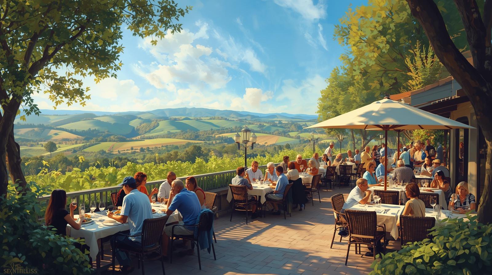  Visitors dining at Oxbow Public Market in downtown Napa, illustrating the connection between local agriculture, small business, and rural tourism in Napa Valley.
