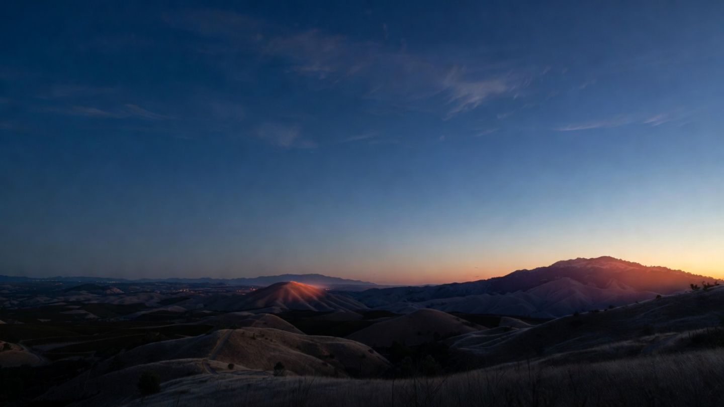 Twilight settling over Pope Valley in Napa County with minimal light pollution, highlighting dark sky conditions for stargazing.