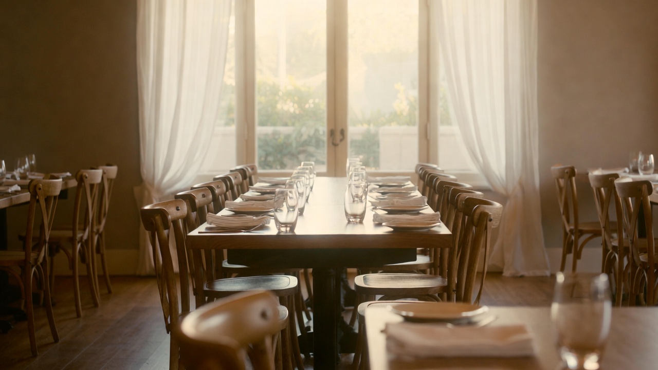  A private dining room in St Helena Napa Valley with a long table and soft lighting, designed for focused conversation during a relationship-driven investor meeting.
