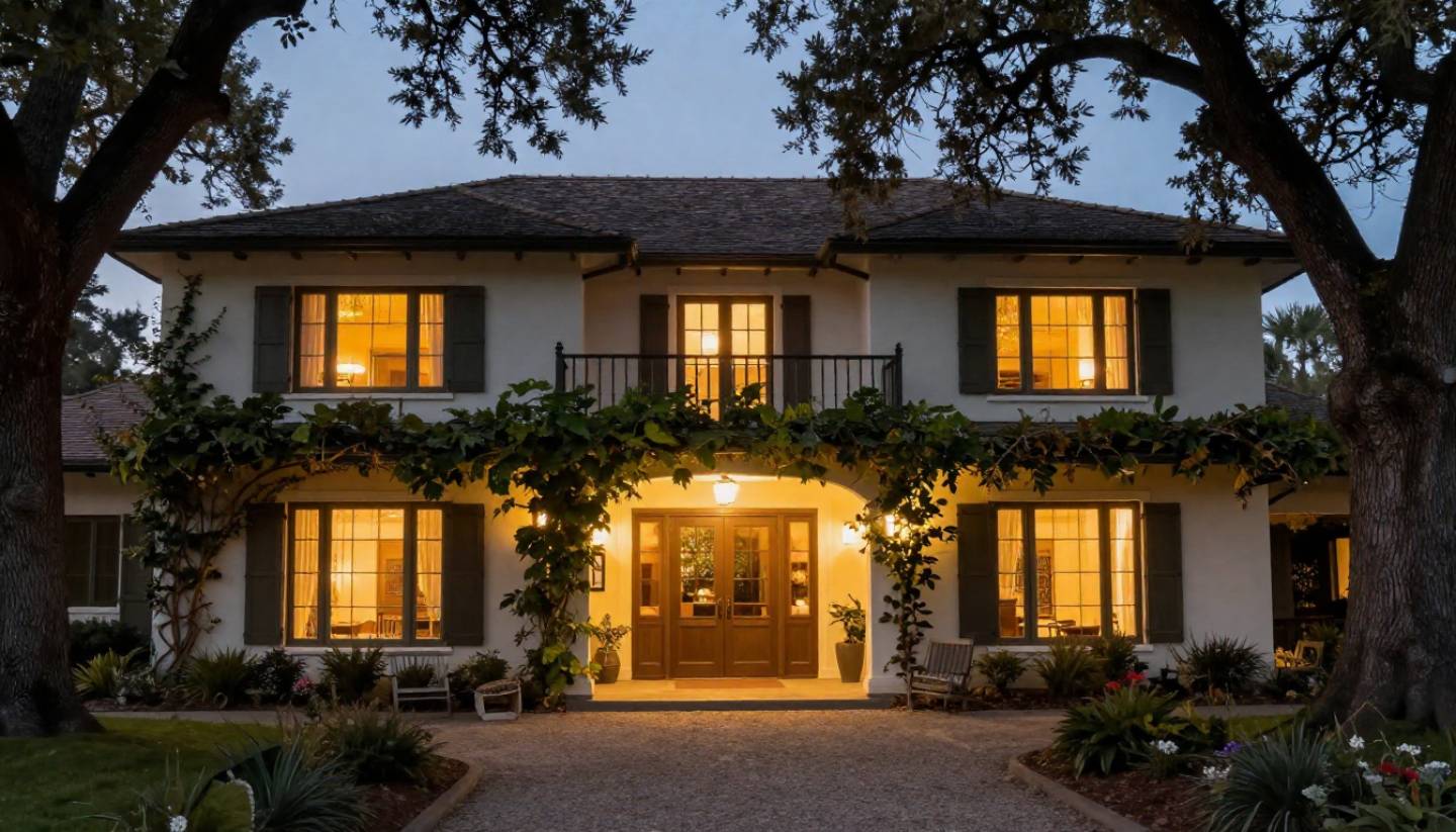 A small boutique inn in Napa Valley at dusk, with warm lights in the windows, trees and vines surrounding the building, and a calm, intimate setting for a romantic weekend.