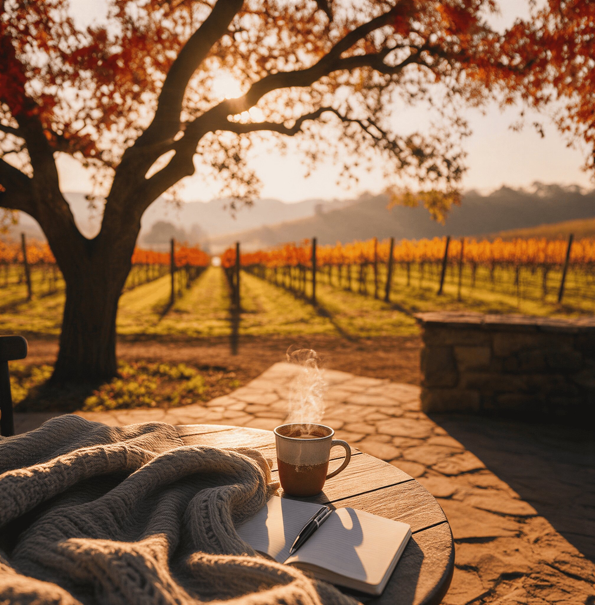  “Single chair and coffee cup on a quiet Napa Valley patio in the morning, with vineyard rows and oak trees in the background, representing slow travel and intentional reflection.”